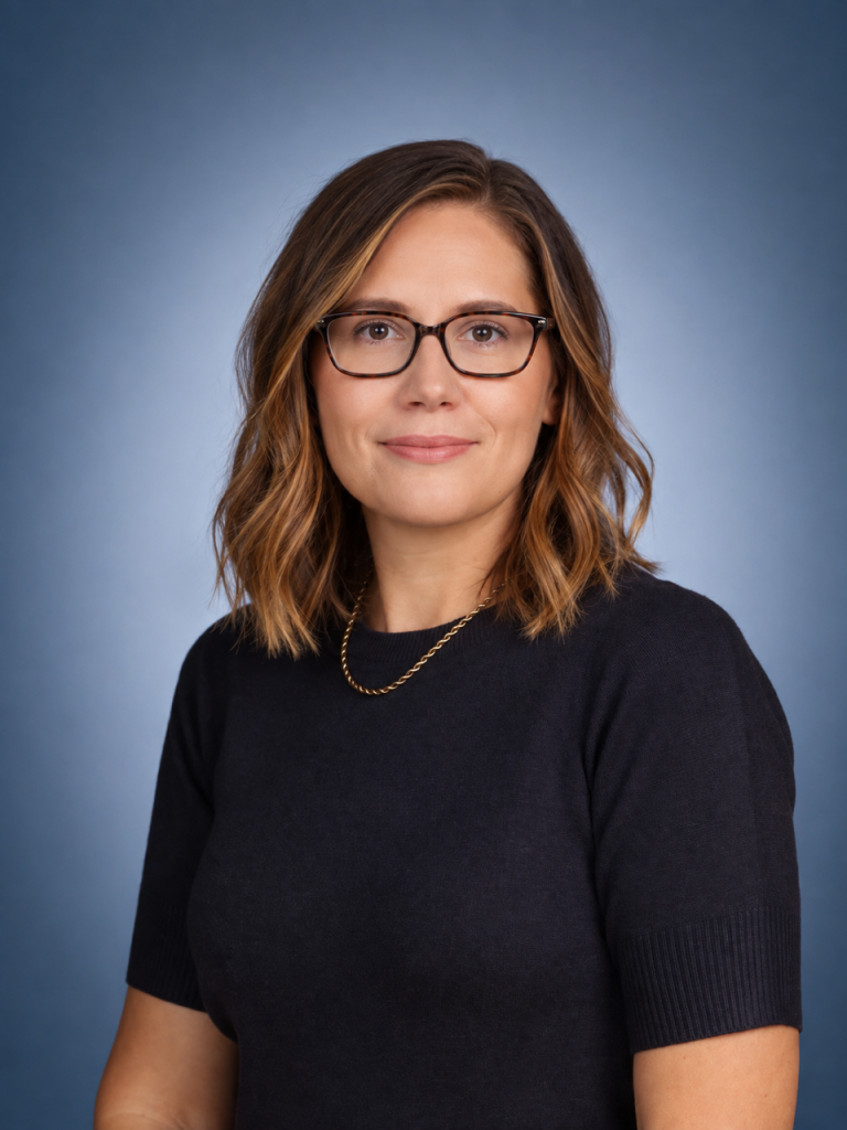 Portrait of a female student wearing glasses and a navy school jumper, representing King Edward VI Northfield School for Girls.
