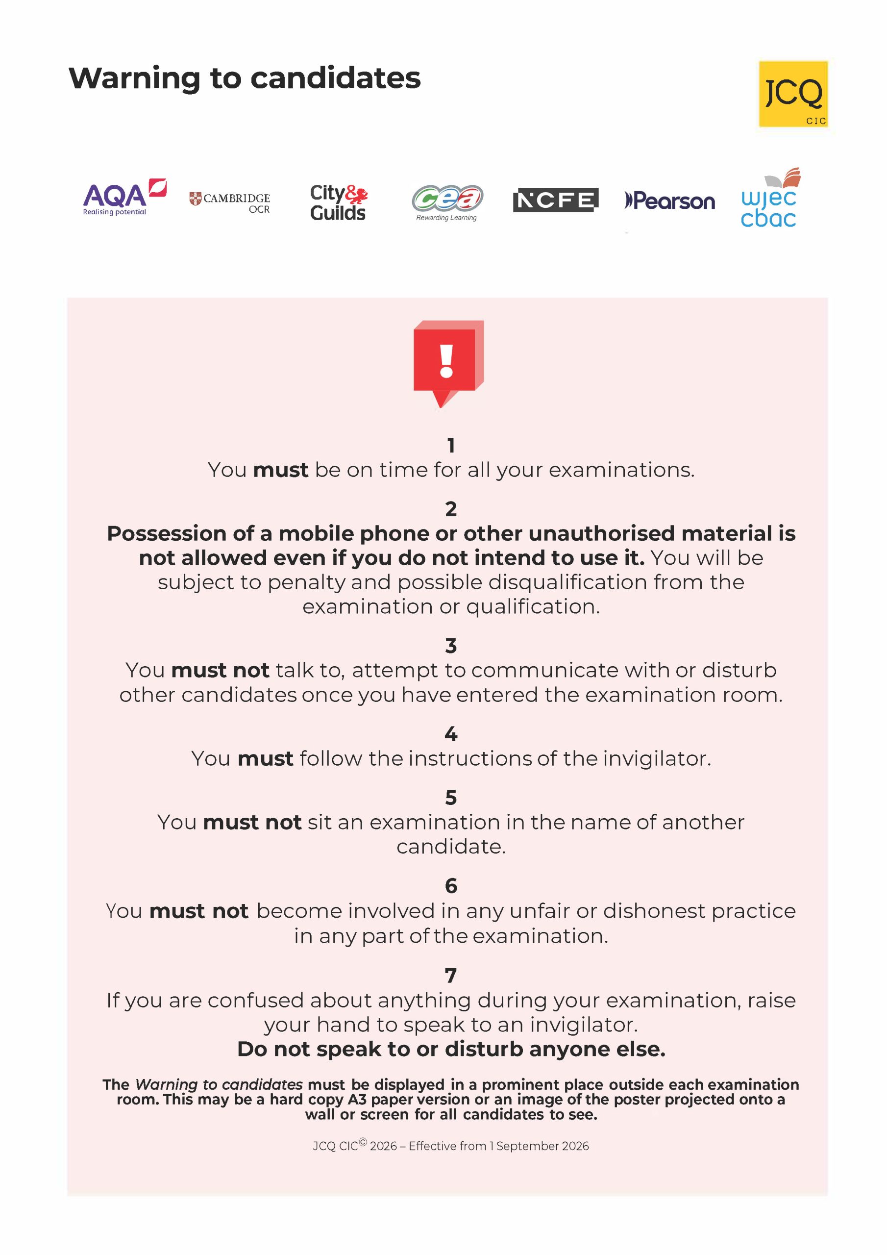 Exam warning notice for King Edward VI Northfield School students, detailing rules and regulations for examinations.